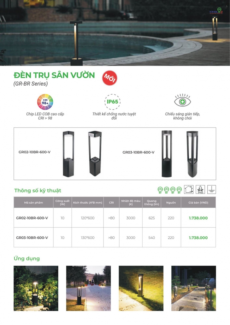 Đèn trụ sân vườn 10W GR02-10BR-600-V Kingled