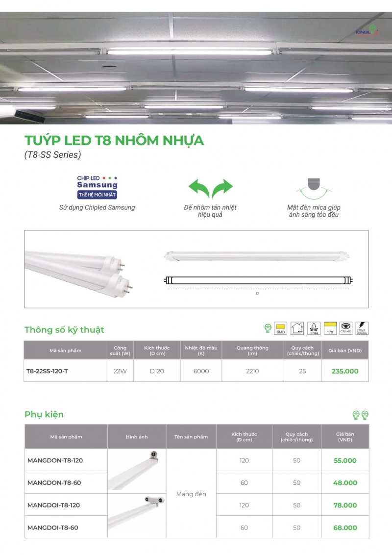 Đèn tuýp led T8 nhôm nhựa 22W T8-22SS-120 Kingled