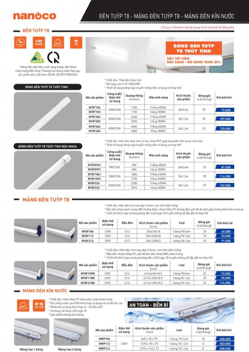 Đèn tuýp led thủy tinh T8 10W NT8T103 0m6 Nanoco