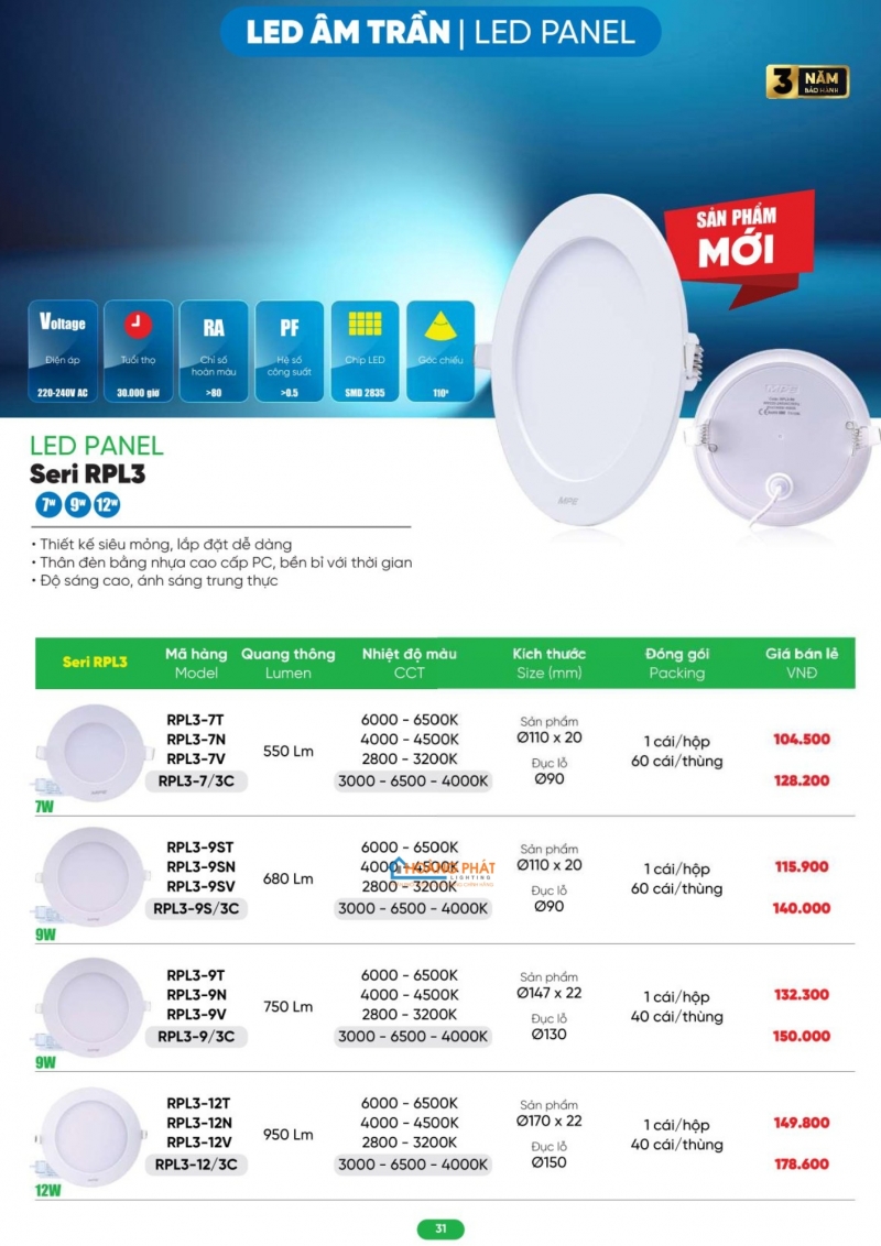 Bảng giá thiết bị điện - đèn led MPE 2026