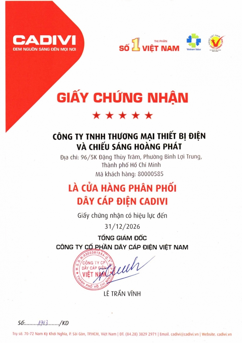 Bảng giá dây cáp điện Caidvi 2026 mới nhất