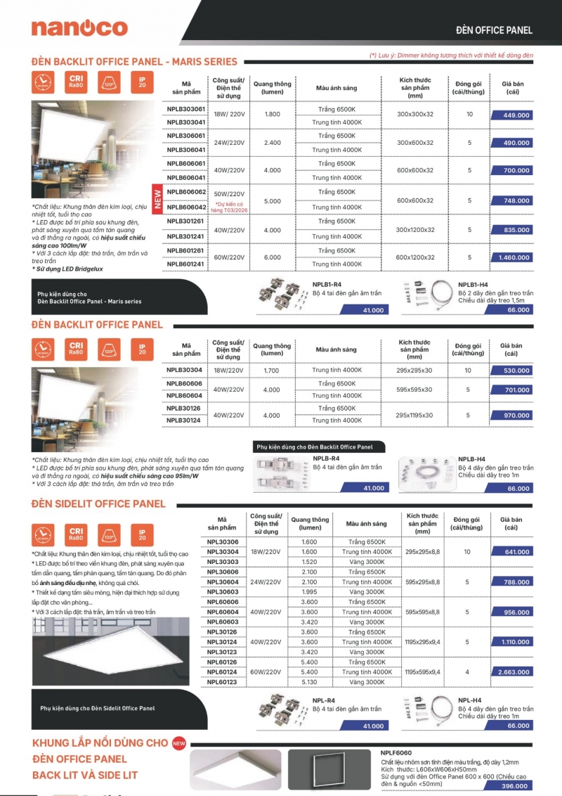 Bảng đèn led 50W NPLB606042 600x600 Nanoco giải pháp sáng bền bỉ