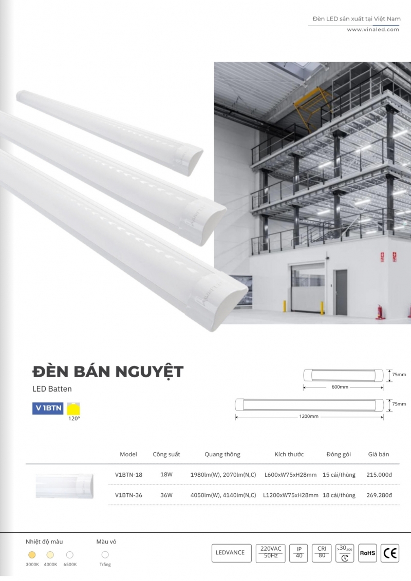 Đèn led bán nguyệt 36W V1BTN-36 1m2 Vinaled 