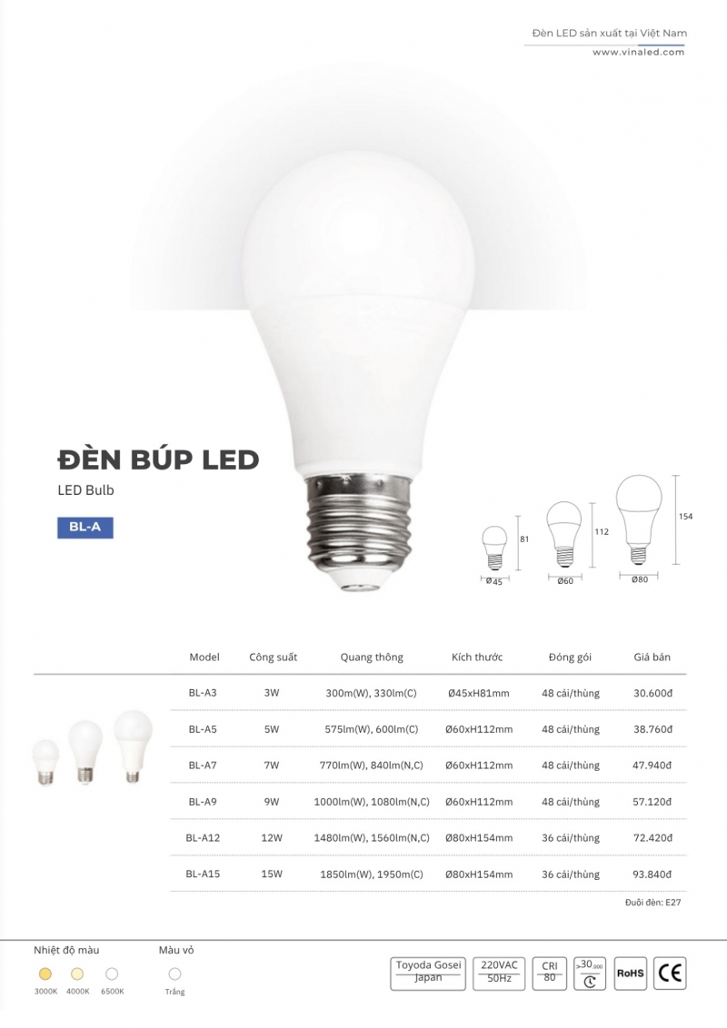 Đèn led bulb 15W BL-A15 Vinaled