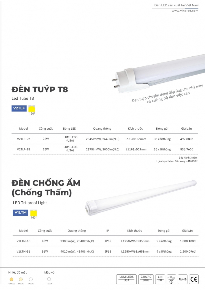 Đèn tuýp led T8 22W V2TLF-22 1m2 Vinaled