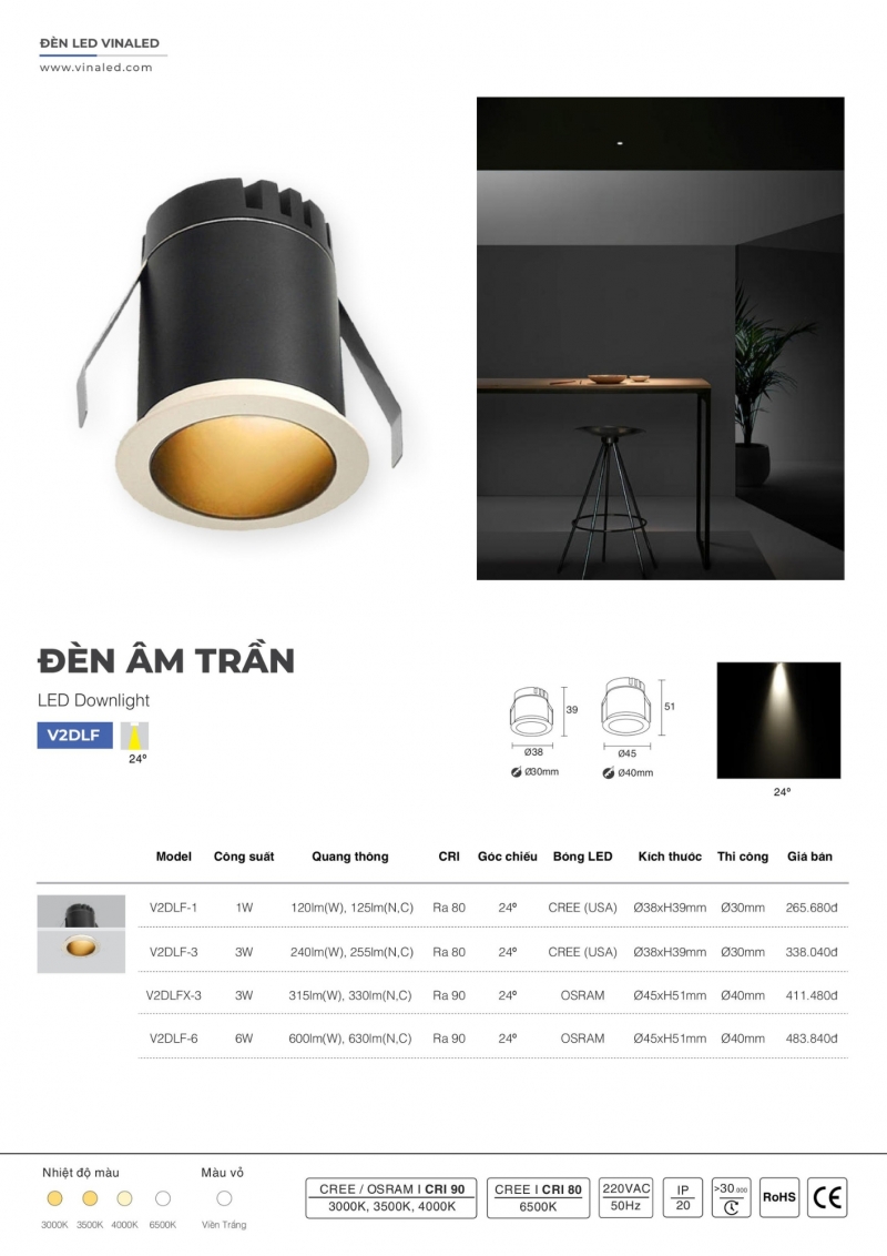 Đèn led âm trần 1W V2DLF-1 Vinaled