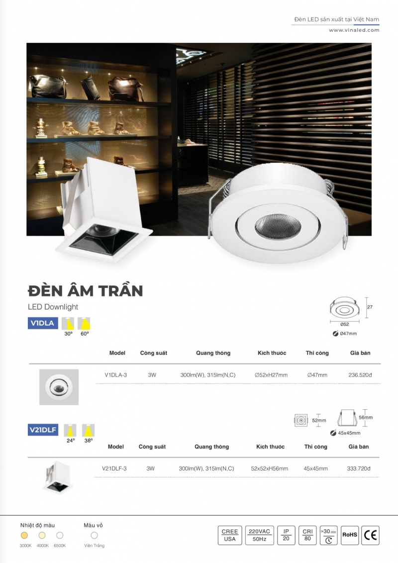 Đèn led âm trần 3W V2DLF-3 Vinaled