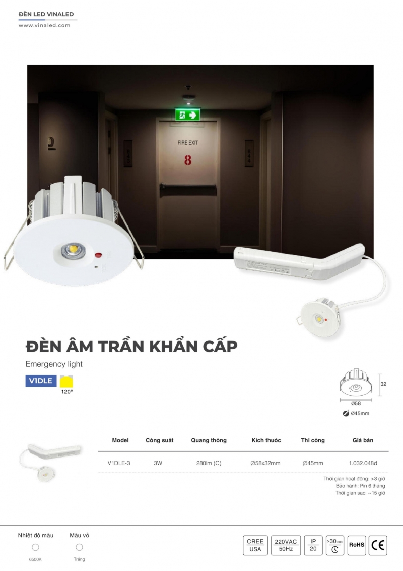 Đèn led âm trần khẩn cấp 3W V1DLE-3 Vinaled