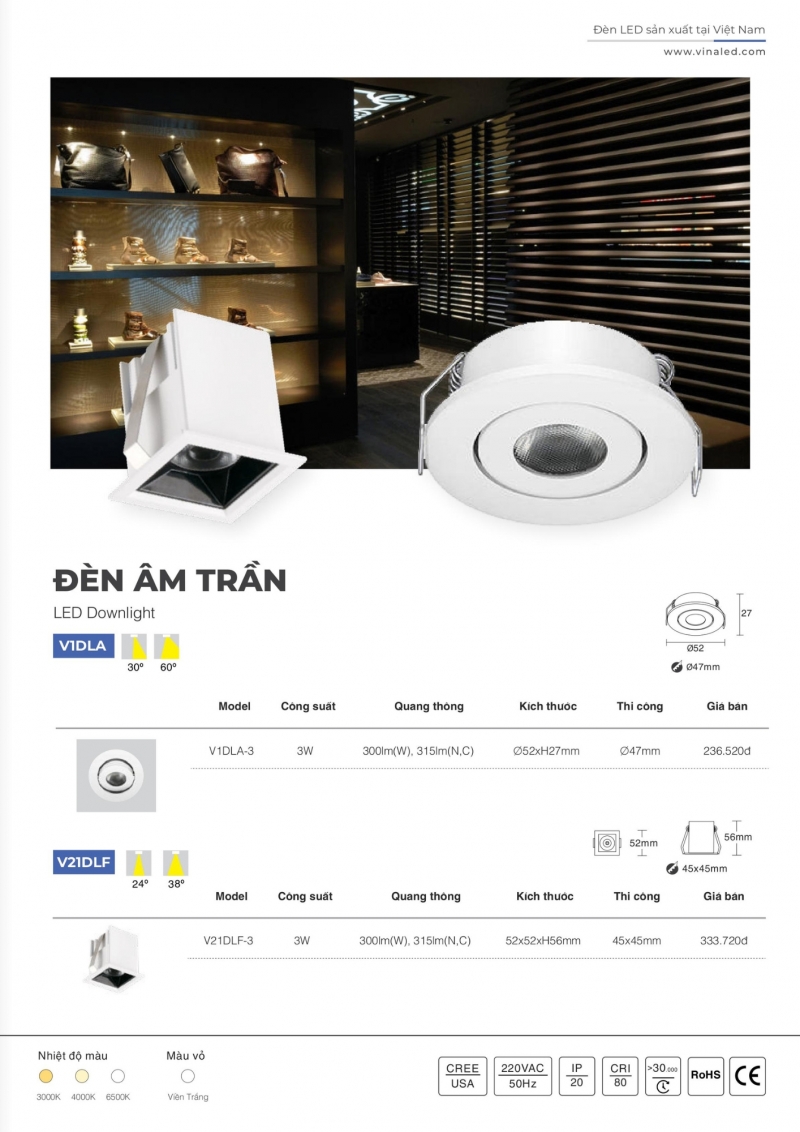 Đèn led âm trần vuông 3W V21DLF-3 Vinaled