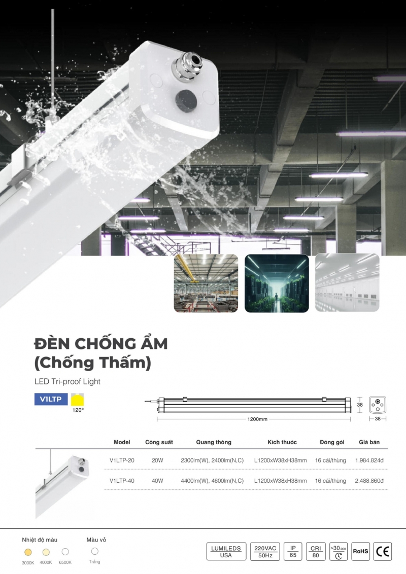 Đèn led chống thấm 40W V1LTP-40 1m2 Vinaled IP65