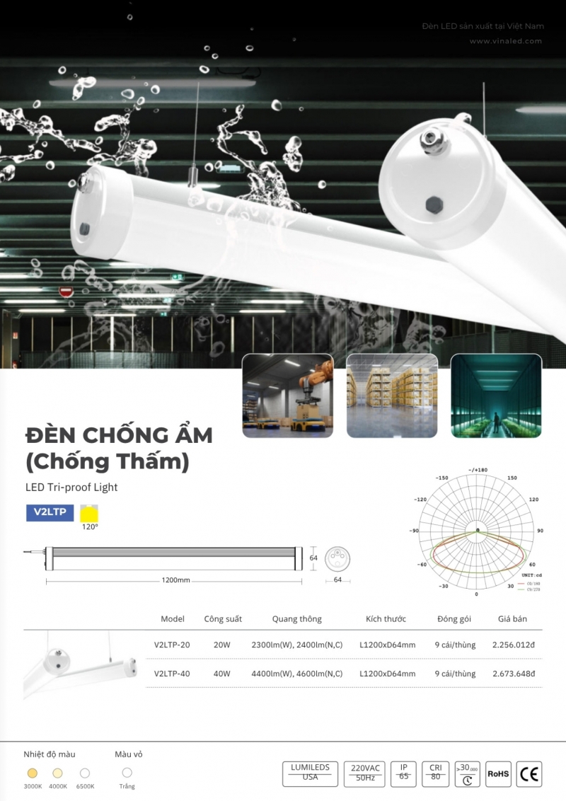 Đèn led chống thấm 40W V2LTP-40 1m2 Vinaled IP65