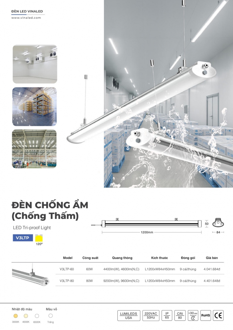 Đèn led chống thấm 60W V3LTP-60 1m2 Vinaled IP65