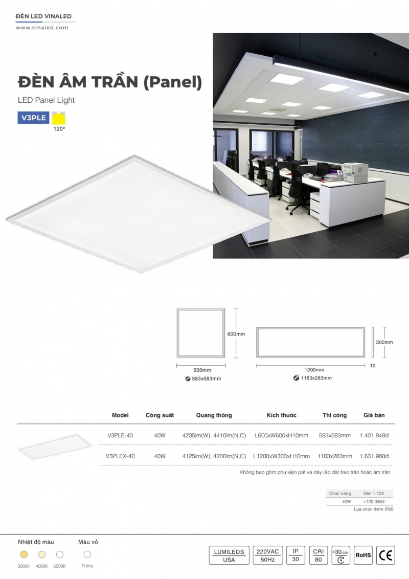 Đèn led panel 40W V3PLEX-40 600x600 Vinaled