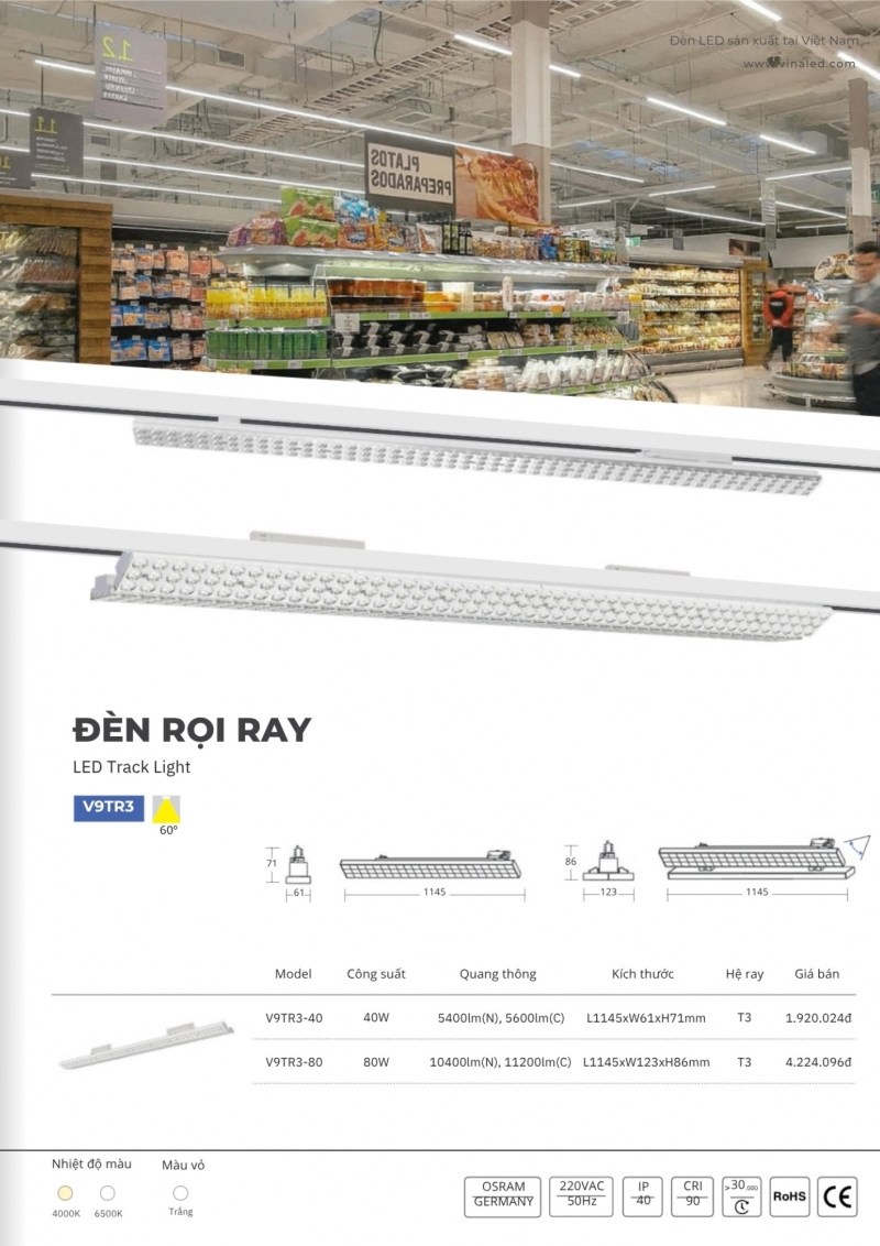 Đèn rọi ray 80W V9TR3-80 1m2 Vinaled