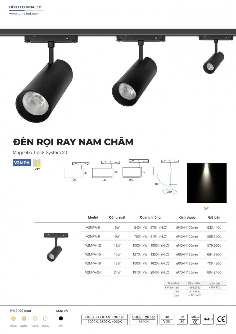 Đèn rọi ray nam châm 15W V2MPA-15 Vinaled 