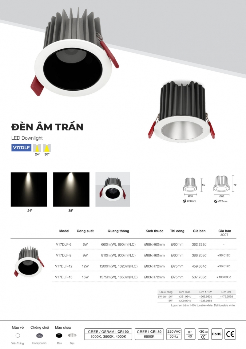 Đèn led âm trần chóa đen 15W V17DLF-15 Vinaled