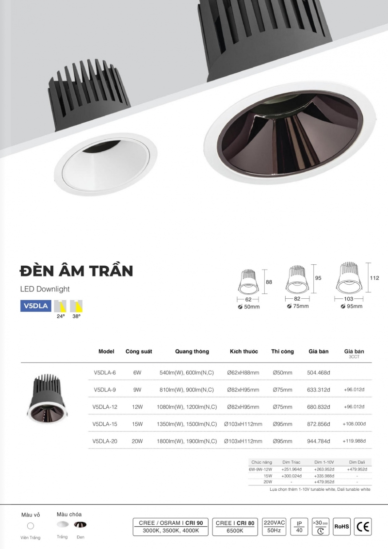 Đèn led âm trần chóa trắng 12W V5DLA-12 Vinaled