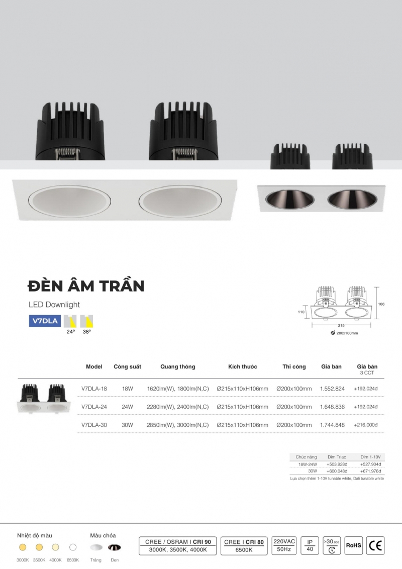 Đèn led âm trần đôi chóa đen 18W V7DLA-18 Vinaled
