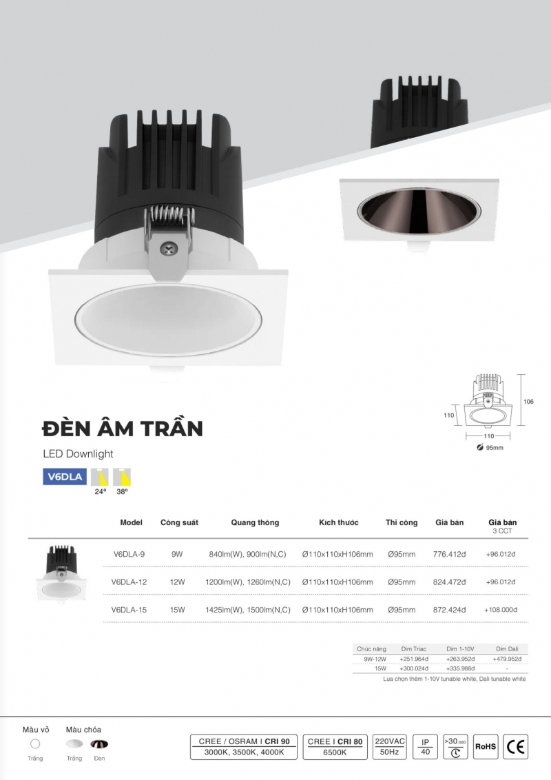 Đèn led âm trần vuông chóa đen 15W V6DLA-15 Vinaled