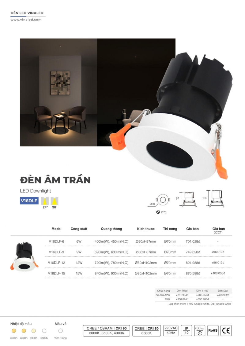 Đèn led âm trần 12W V16DLF-12 Vinaled