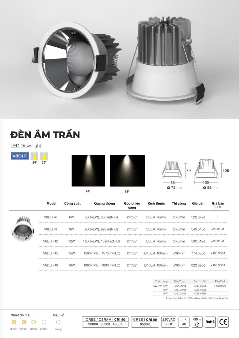 Đèn led âm trần 12W V8DLF-12 Vinaled