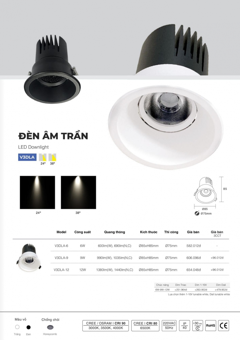 Đèn led âm trần 6W V3DLA-6 vỏ đen Vinaled