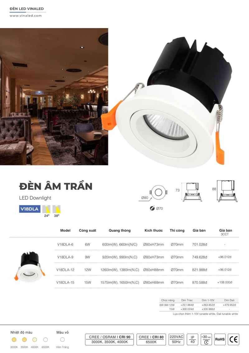 Đèn led âm trần 6W V18DLA-6 Vinaled