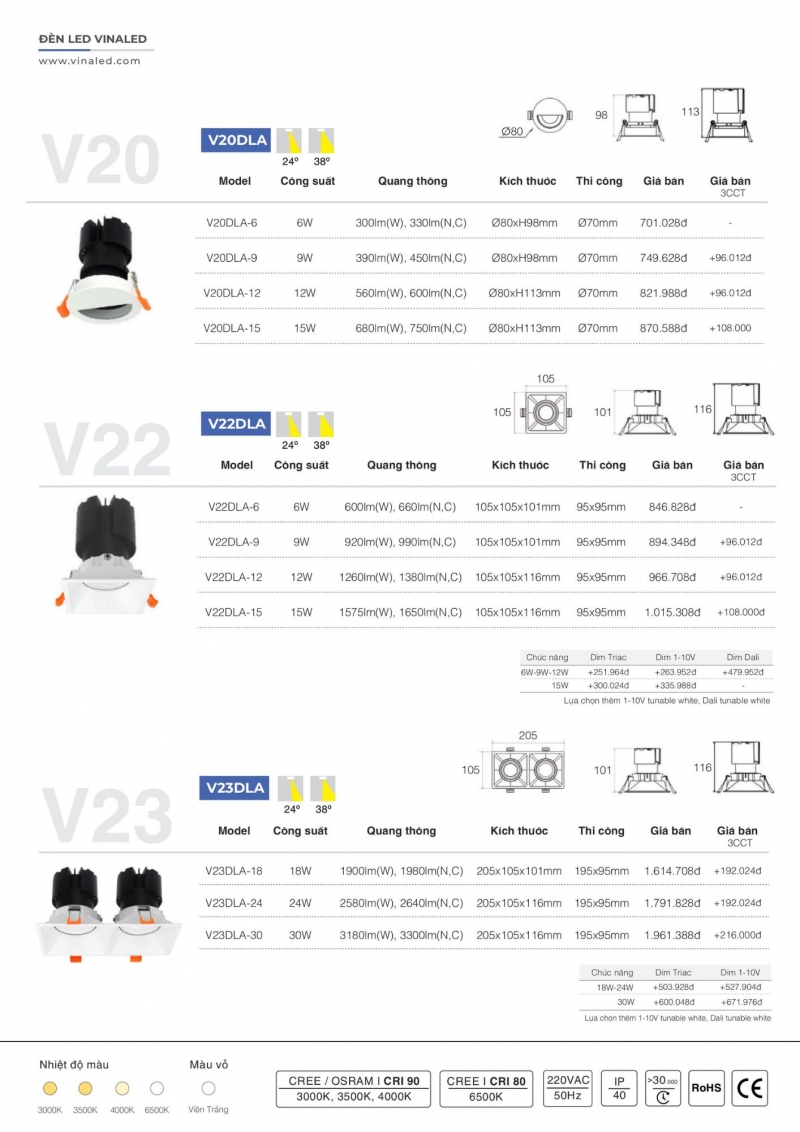 Đèn led âm trần 9W V20DLA-9 Vinaled
