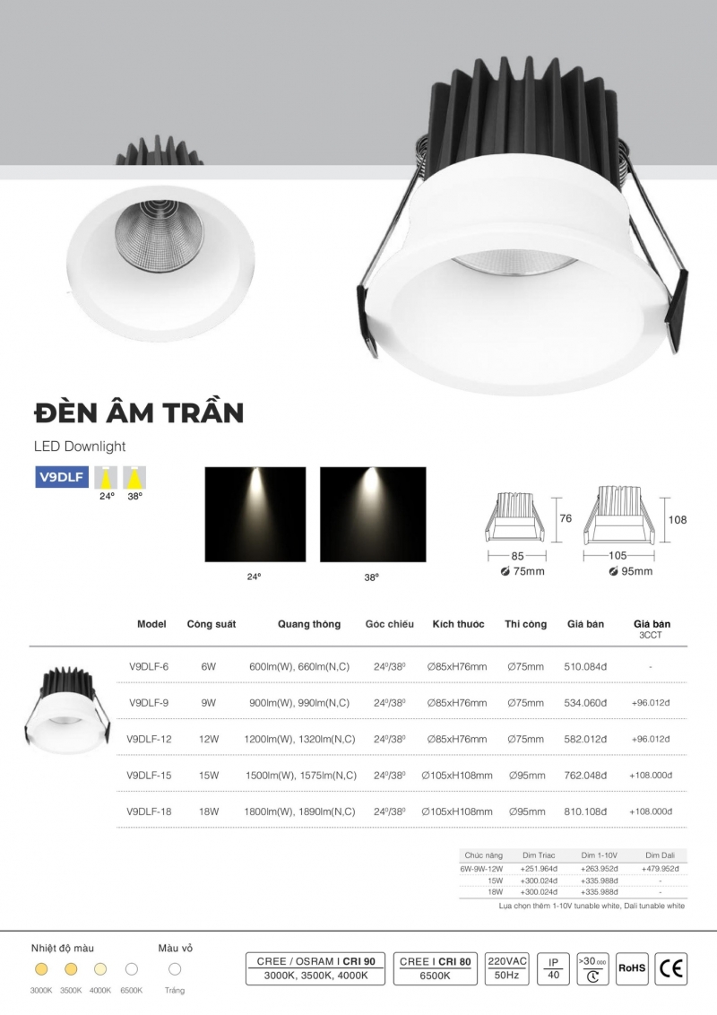 Đèn led âm trần 9W V9DLF-9 Vinaled