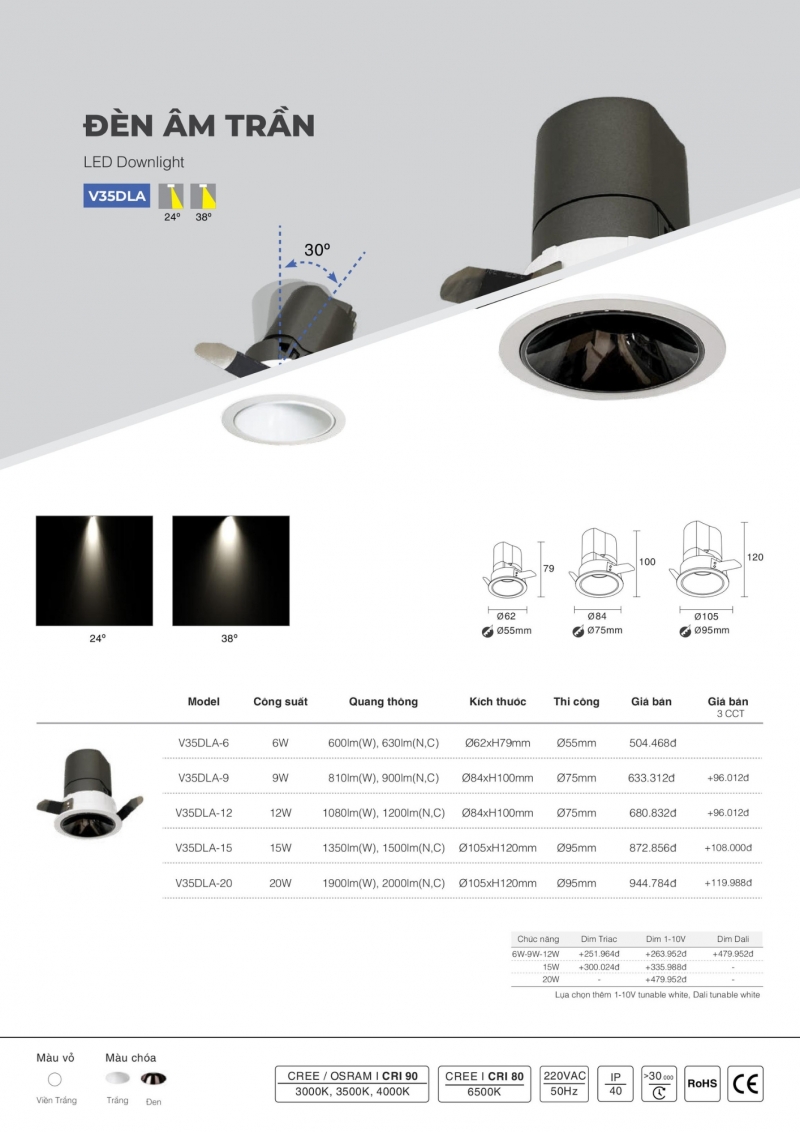 Đèn led âm trần chóa đen 15W V35DLA-15 Vinaled