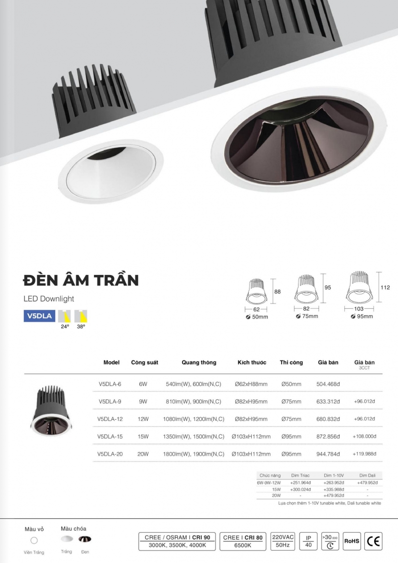 Đèn led âm trần chóa đen 20W V5DLA-20 Vinaled 