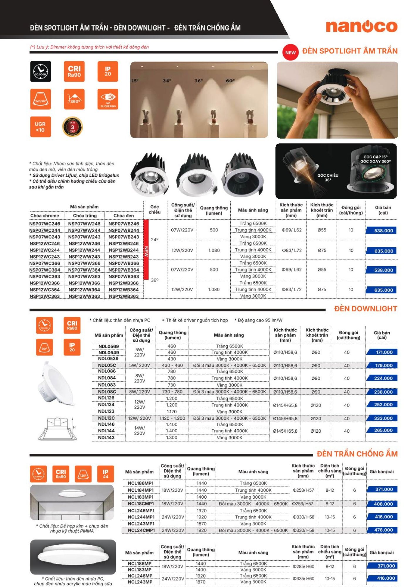 Đèn led âm trần chóa đen 7W NSP07WB246 Nanoco 