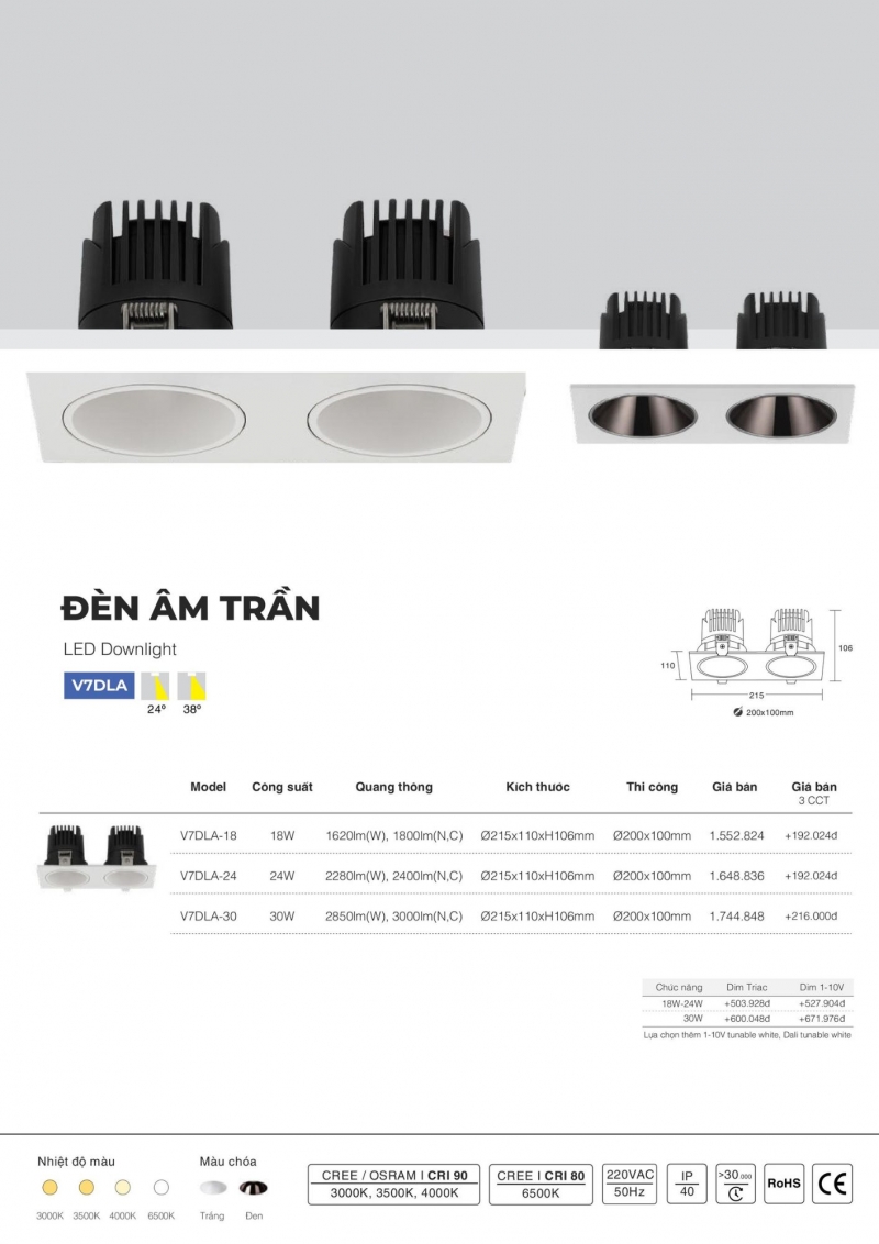 Đèn led âm trần đôi chóa trắng 30W V7DLA-30 Vinaled