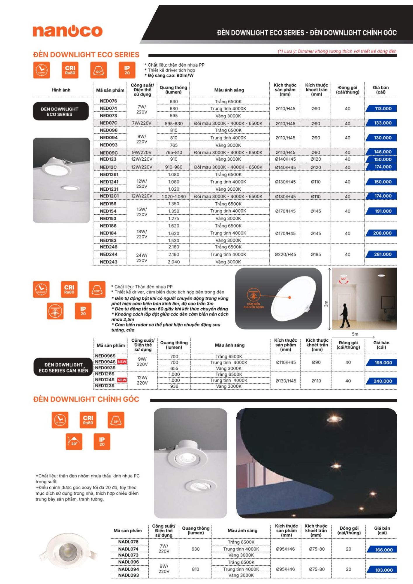 Đèn led Downlight ECO Series cảm biến NED093S 3000K Nanoco