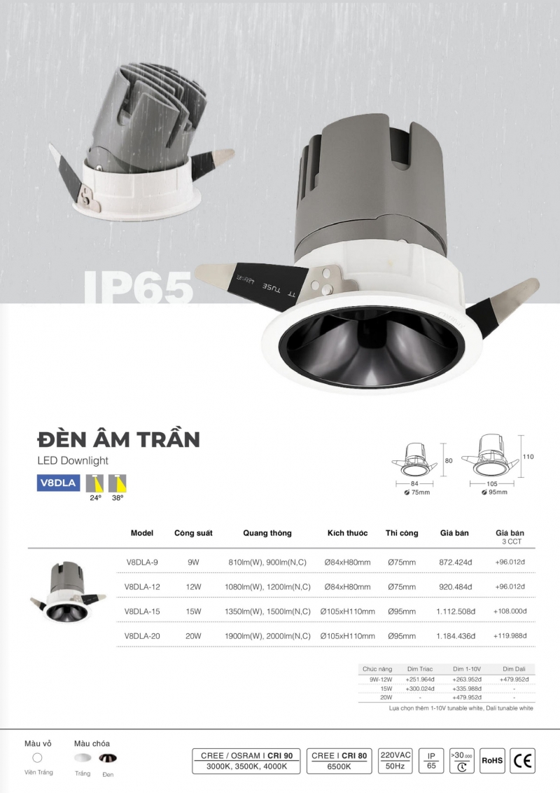 Đèn led âm trần chóa đen 20W V8DLA-20 Vinaled IP65