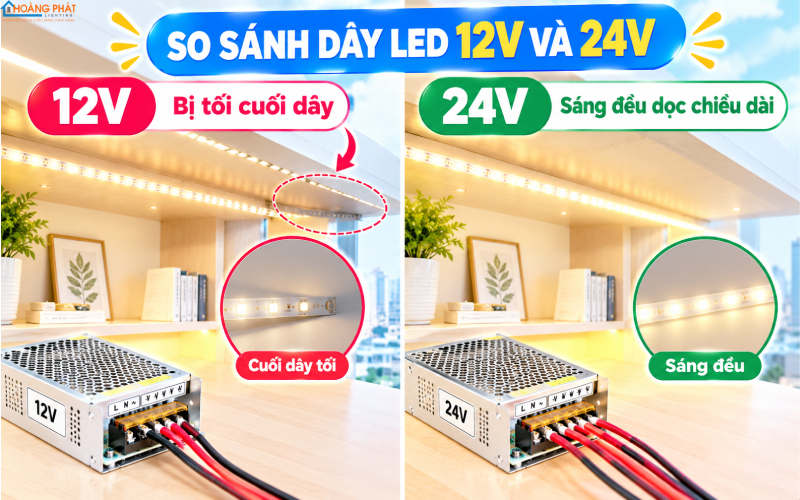 So sánh sụt áp đèn led dây 12V và 24V
