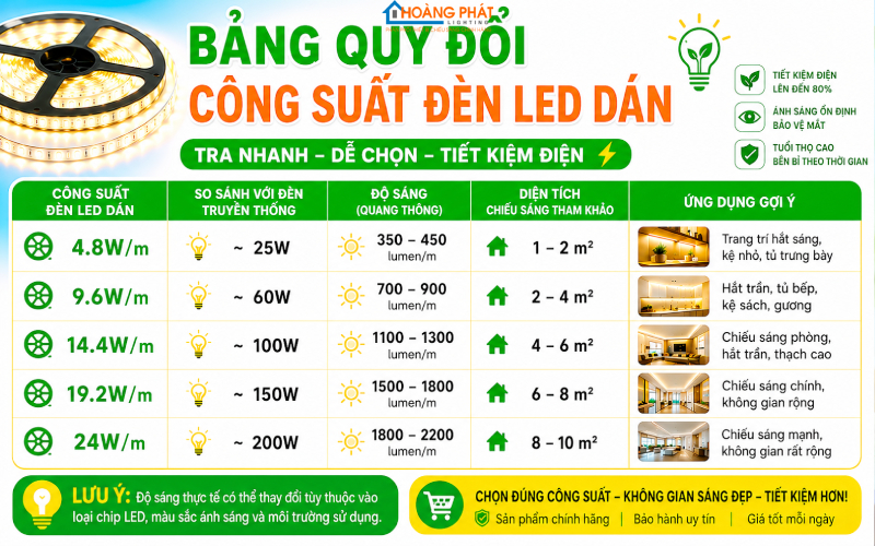 Ảnh bảng quy đổi công suất đèn LED dán trong cửa hàng để khách tra nhanh