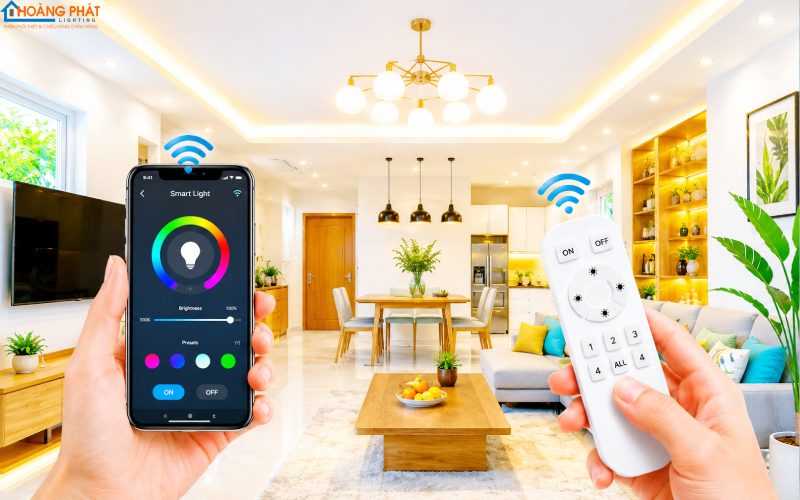 Ảnh người dùng điều khiển đèn nhà qua điện thoại và remote RF