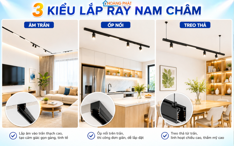 Ba kiểu lắp ray nam châm: âm trần, ốp nổi và treo thả trong cùng một hình minh họa