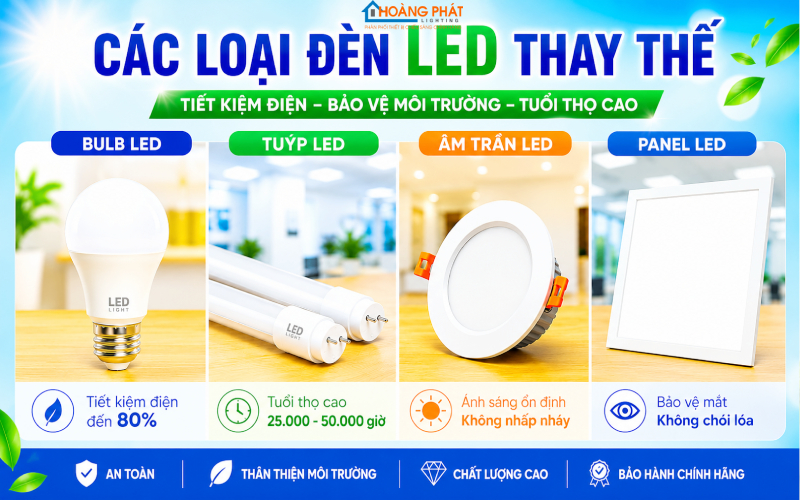 Ảnh các loại đèn LED thay thế: bulb, tuýp, âm trần, panel xếp cạnh nhau