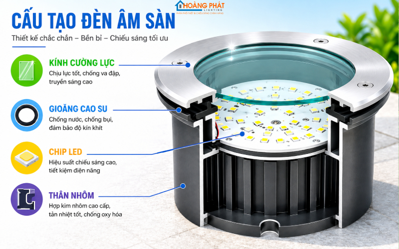 Ảnh cắt lớp cấu tạo đèn âm sàn: kính cường lực, gioăng, chip LED, thân nhôm