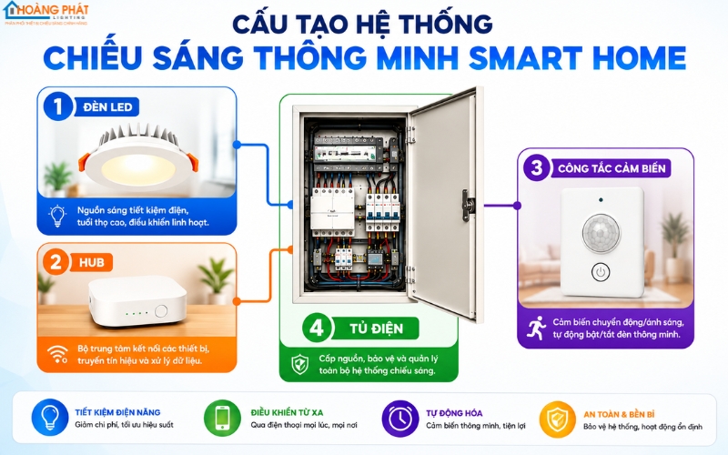 Sơ đồ 4 thành phần: đèn LED, Hub, công tắc cảm biến, tủ điện