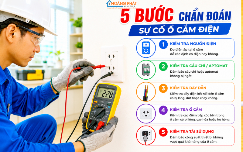 Người thợ đo điện áp ổ cắm bằng đồng hồ vạn năng, cạnh bảng năm bước chẩn đoán