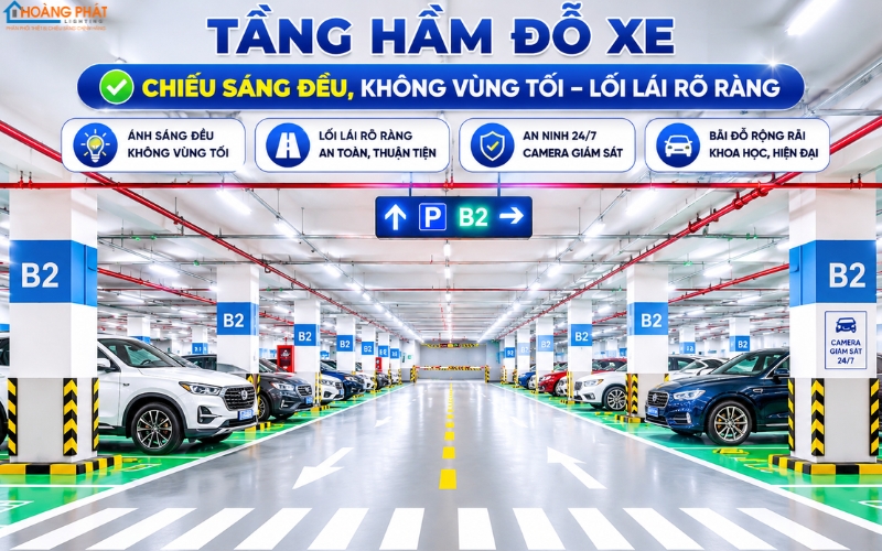 Tầng hầm đỗ xe chiếu sáng đều, không vùng tối, lối lái rõ ràng