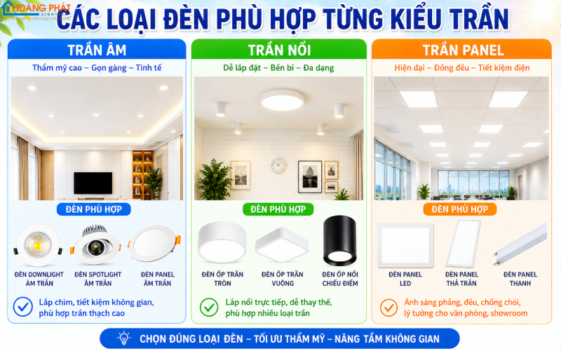 Ảnh các loại đèn phù hợp từng kiểu trần: âm, nổi, panel