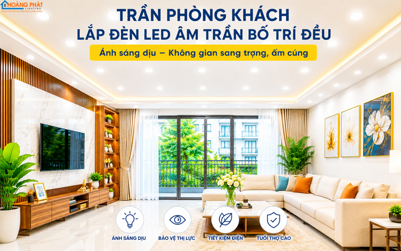 Trần phòng khách lắp đèn LED âm trần bố trí đều, ánh sáng dịu
