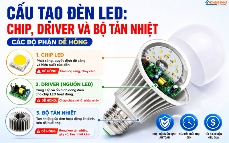 Cấu tạo đèn LED: chip, driver và bộ tản nhiệt – các bộ phận dễ hỏng