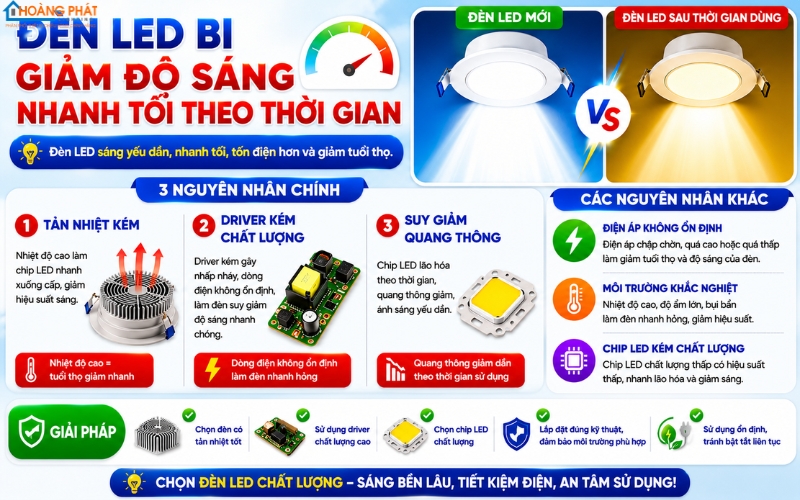 Đèn LED bị giảm độ sáng nhanh tối theo thời gian