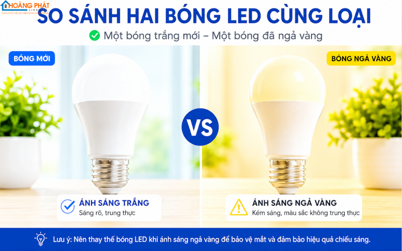Ảnh so sánh hai bóng LED cùng loại: một bóng trắng mới, một bóng đã ngả vàng