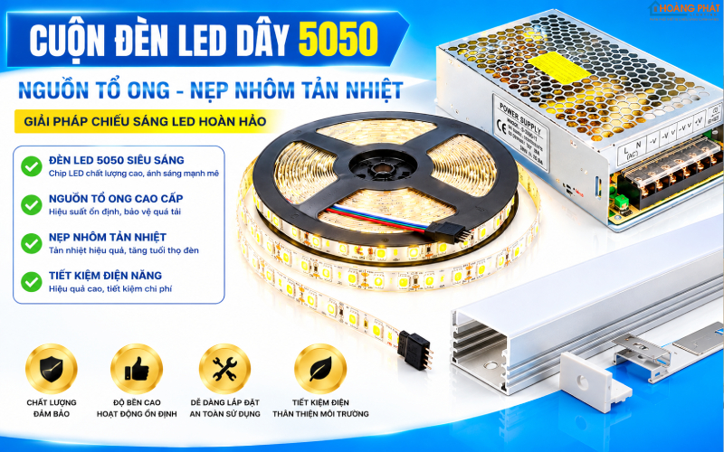 Ảnh cuộn đèn LED dây 5050, nguồn tổ ong và nẹp nhôm tản nhiệt